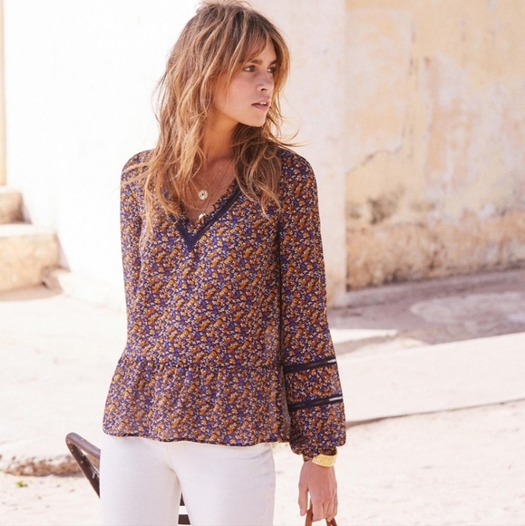 Sezane V Neck Long Ballooned Sleeves Floral Angelina Blouse - Picture 4 of 11